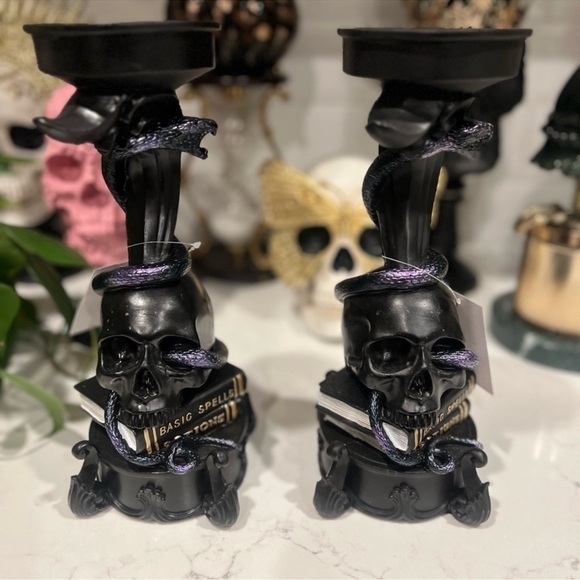 None Other - New Spooky Halloween Large Black Skull Spells Snake Candle Holder Decor Set of 2